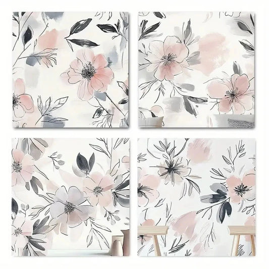 4pcs Abstract Hand painted flower Wall Art Canvas Framed