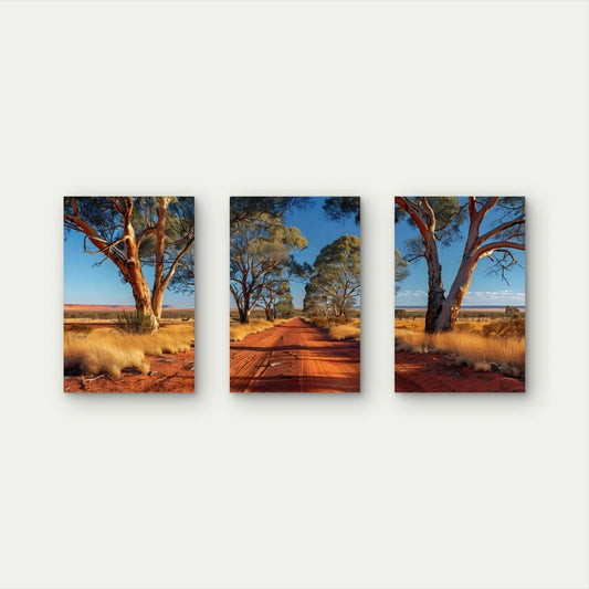 3pcs Australian Outback Red Dirt Track Wall Art Set Canvas Framed 50x70cm - High Quality Print 100% Australian Made Wall Canvas Ready to Hang