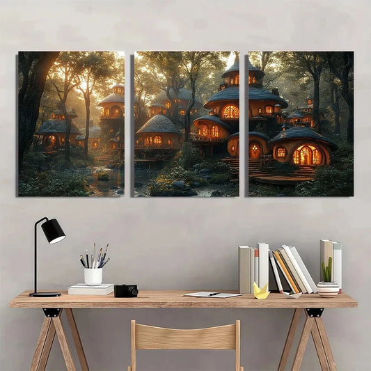 3pcs Gnome City Houses in Forest Scene Metal Print Ready to Hang Art