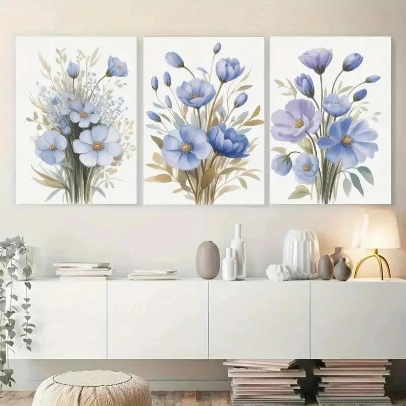 3pcs Blue Flowers Botanical Painting Metal Print Ready to Hang Art