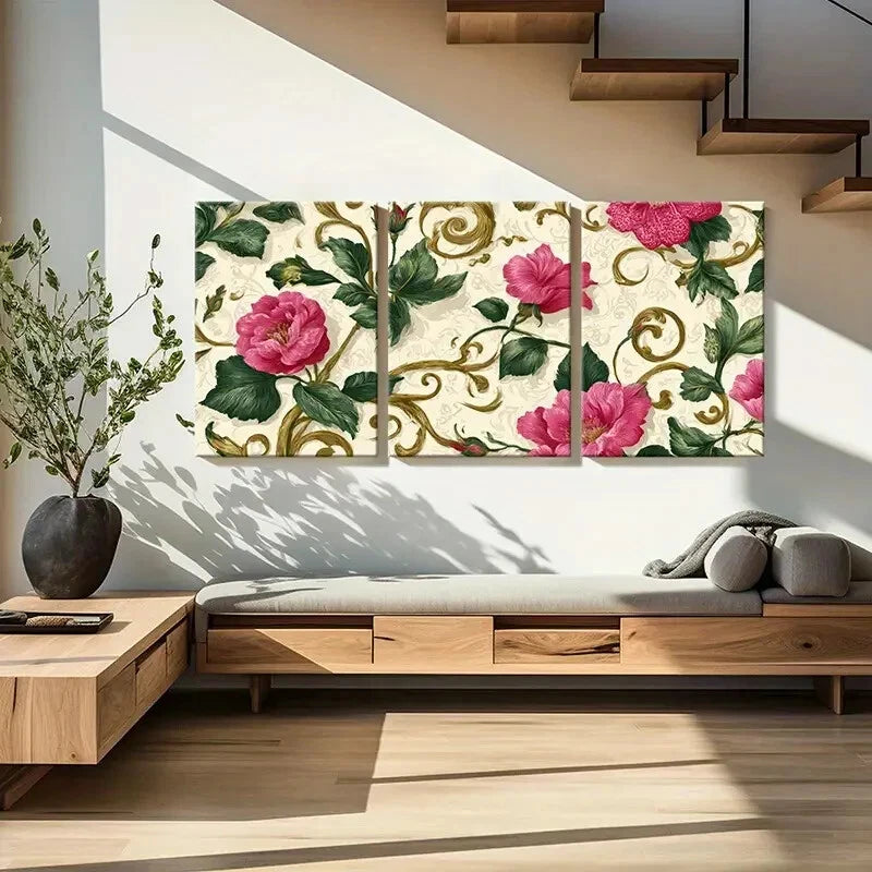 3pcs Vintage Rose & Intricate Vine Design Metal Print Ready to Hang Art