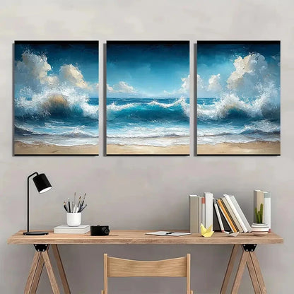 3pcs Coastline Ocean Waves & Beach Scenery Metal Print Ready to Hang Art