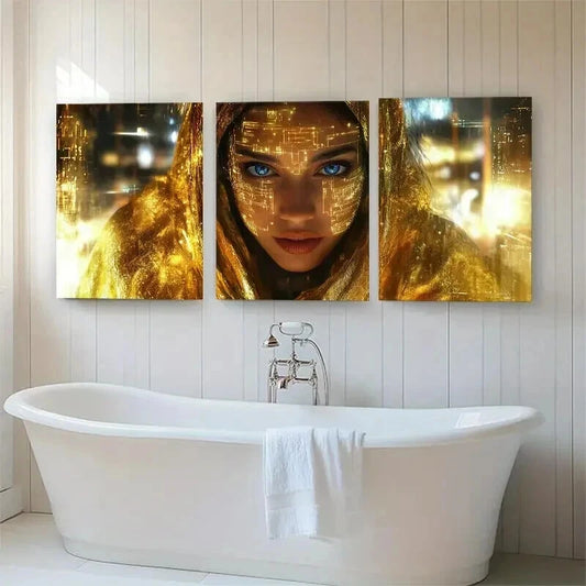 3pcs Futuristic Cyberpunk Golden Face Perfect Wall Art Set Canvas Framed 40x60cm - High Quality Print 100% Australian Made Wall Canvas Ready to Hang