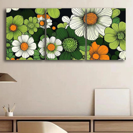 3pcs Vibrant Green & White Floral Design Metal Print Ready to Hang Art
