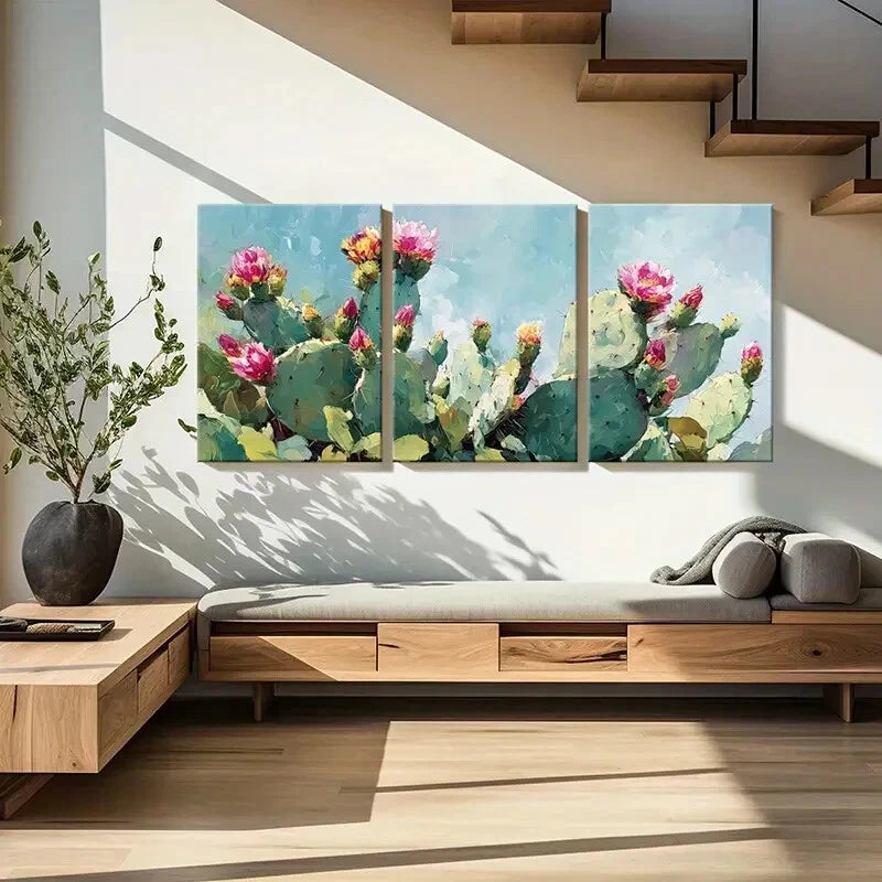 3pcs Vibrant Cactus Bloom Abstract Floral Metal Print Ready to Hang Art