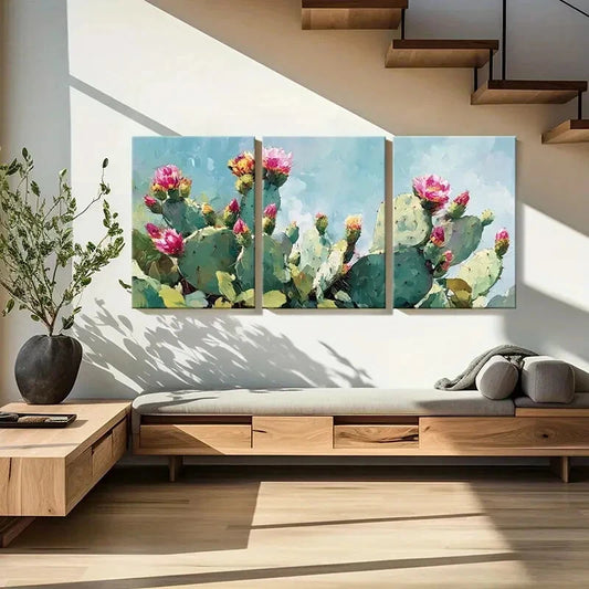 3pcs Vibrant Cactus Bloom Abstract Floral Metal Print Ready to Hang Art