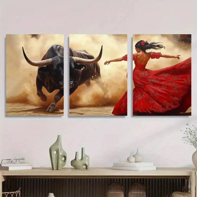 3pcs Flamenco Dancer Charging Bull Perfect Wall Art Set Canvas Framed 40x60cm - High Quality Print 100% Australian Made Wall Canvas Ready to Hang