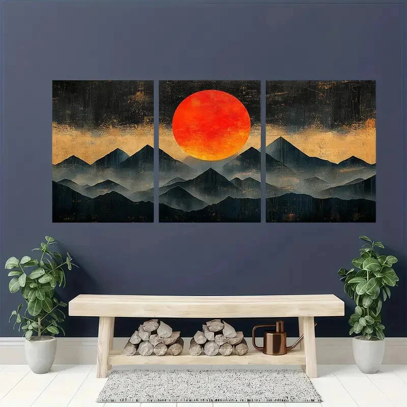 3pcs Black & Orange Mountain Silhouette Design Metal Print Ready to Hang Art