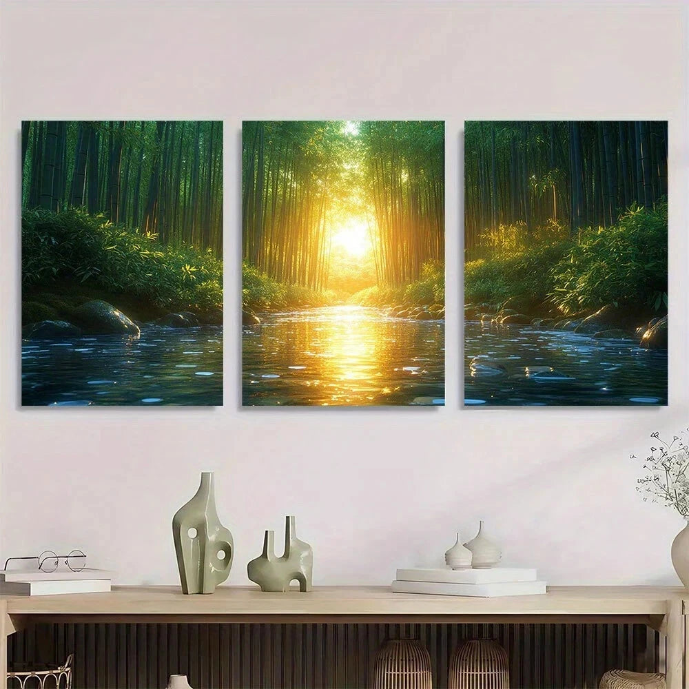 3pcs Serene Bamboo Forest Ethereal Light Metal Print Ready to Hang Art