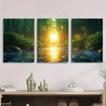 3pcs Serene Bamboo Forest Ethereal Light Metal Print Ready to Hang Art