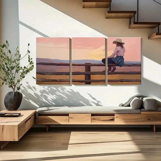 3pcs Serene Sunset Landscape with Woman on Fence Metal Print Ready to Hang Art