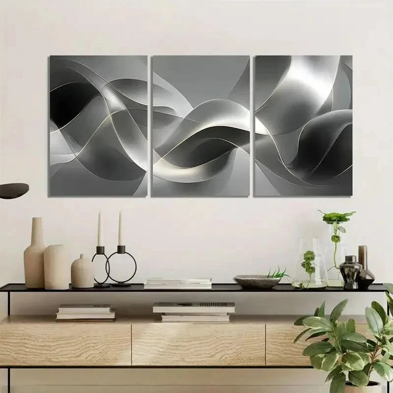 3pcs Silvery and Gray Ribbon-Like Abstract Art Metal Print Ready to Hang Art