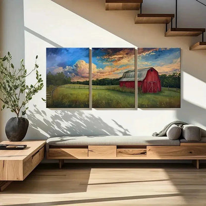 3pcs Red Barn Pastoral Landscape Vibrant Sky Metal Print Ready to Hang Art