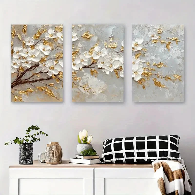 3pcs Textured Golden Blossom Tree Metal Print Ready to Hang Art