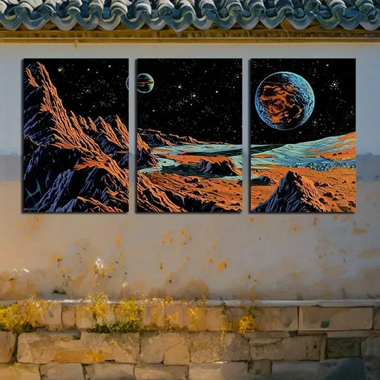 3pcs Cosmic Mountains and Planets Design Metal Print Ready to Hang Art