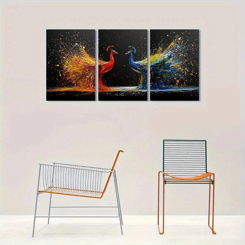 3pcs Colorful Peacock Abstract Painting Metal Print Ready to Hang Art