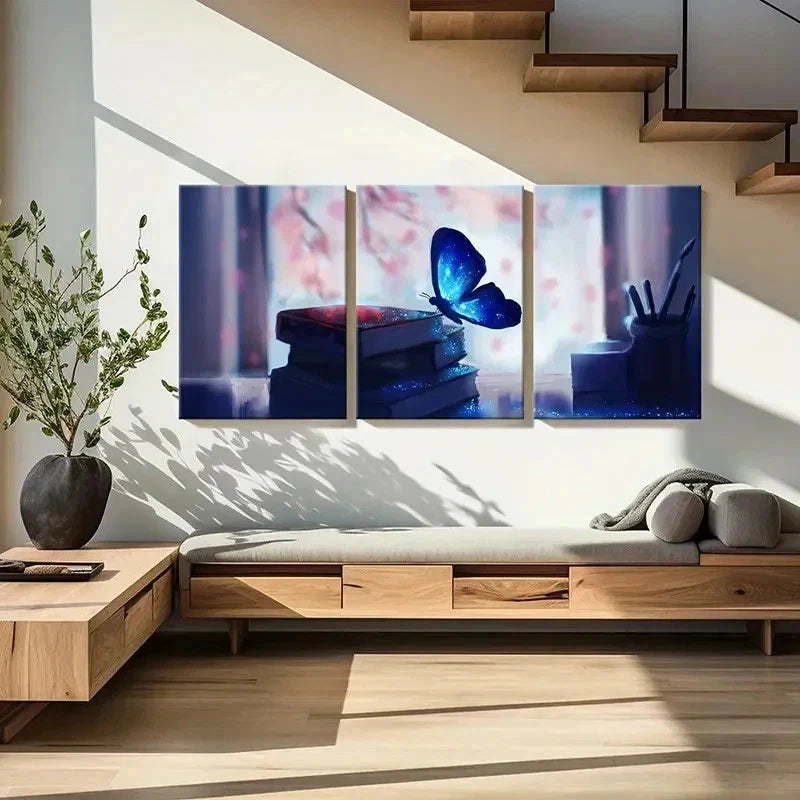 3pcs Sparkling Butterfly Resting On Books Wall Art Set Canvas Framed 40x60cm - High Quality Print 100% Australian Made Wall Canvas Ready to Hang