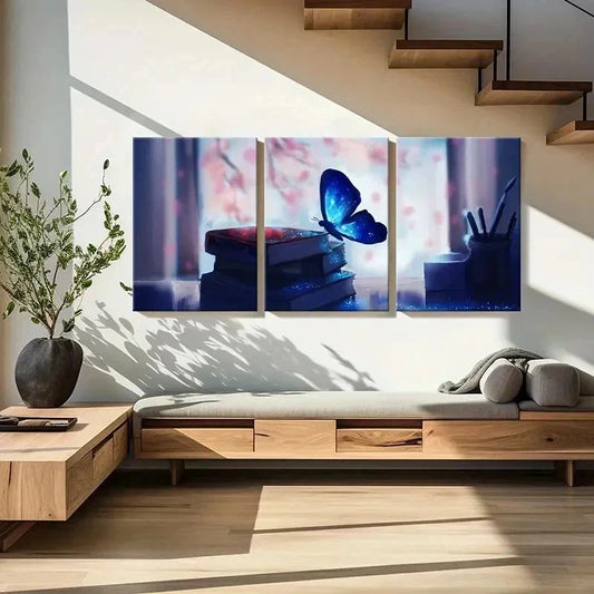 3pcs Sparkling Butterfly Resting On Books Wall Art Set Canvas Framed 40x60cm - High Quality Print 100% Australian Made Wall Canvas Ready to Hang