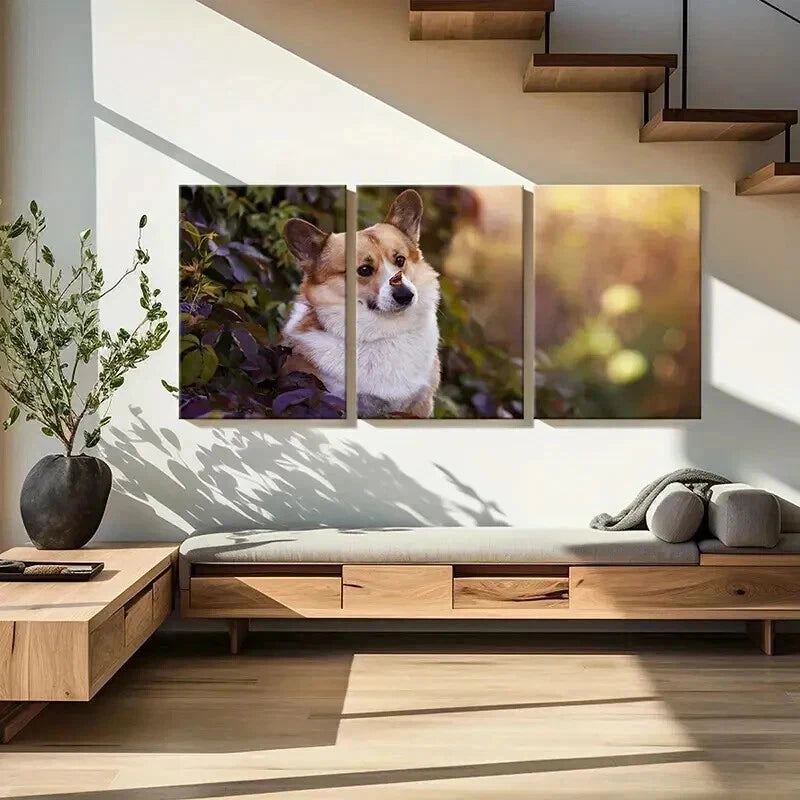 3pcs Corgi Dog Puppy Near a Bush Scenery Wall Art Set Canvas Framed 40x60cm - High Quality Print 100% Australian Made Wall Canvas Ready to Hang