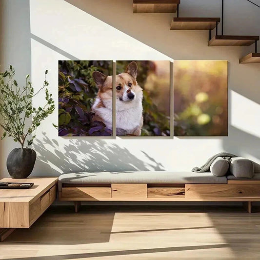 3pcs Corgi Dog Puppy Near a Bush Scenery Wall Art Set Canvas Framed 40x60cm - High Quality Print 100% Australian Made Wall Canvas Ready to Hang