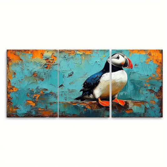 3pcs Puffin Bird Impasto Rustic Illustration Wall Art Set Canvas Framed 40x60cm - High Quality Print 100% Australian Made Wall Canvas Ready to Hang