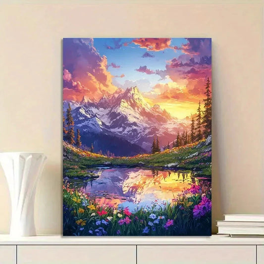 Beautiful Landscape Painting of Mountains, Flowers  40x60cm Metal Print Ready to Hang