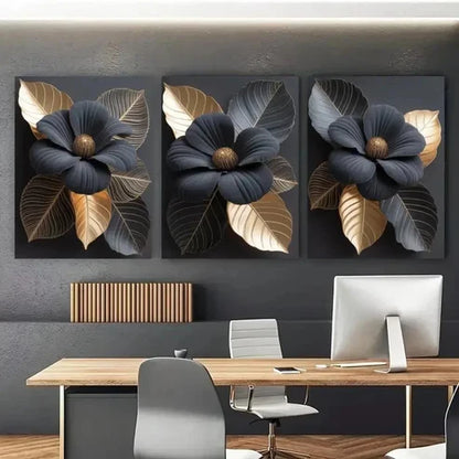3pcs Black & Golden Floral Wall Art Canvas Unframed - High Quality Print 100% Australian Made Wall Canvas