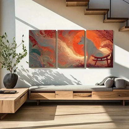 3pcs Artistic Fox Illustration Japanese Torii Gate Metal Print Ready to Hang Art