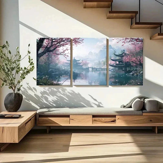 3pcs Japan Traditional Courtyard Landscape Wall Art Set Canvas Framed 40x60cm - High Quality Print 100% Australian Made Wall Canvas Ready to Hang