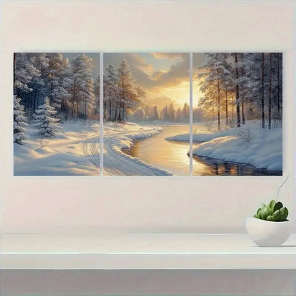 3pcs Winter Wonderland Snowy Forest & River Scene Metal Print Ready to Hang Art
