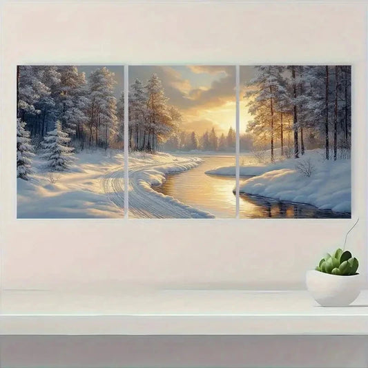 3pcs Winter Wonderland Snowy Forest & River Scene Metal Print Ready to Hang Art