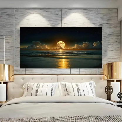 Vintage Moonlight Seascape wall canvas office home room framed 120x60cm - Bella Home Decor