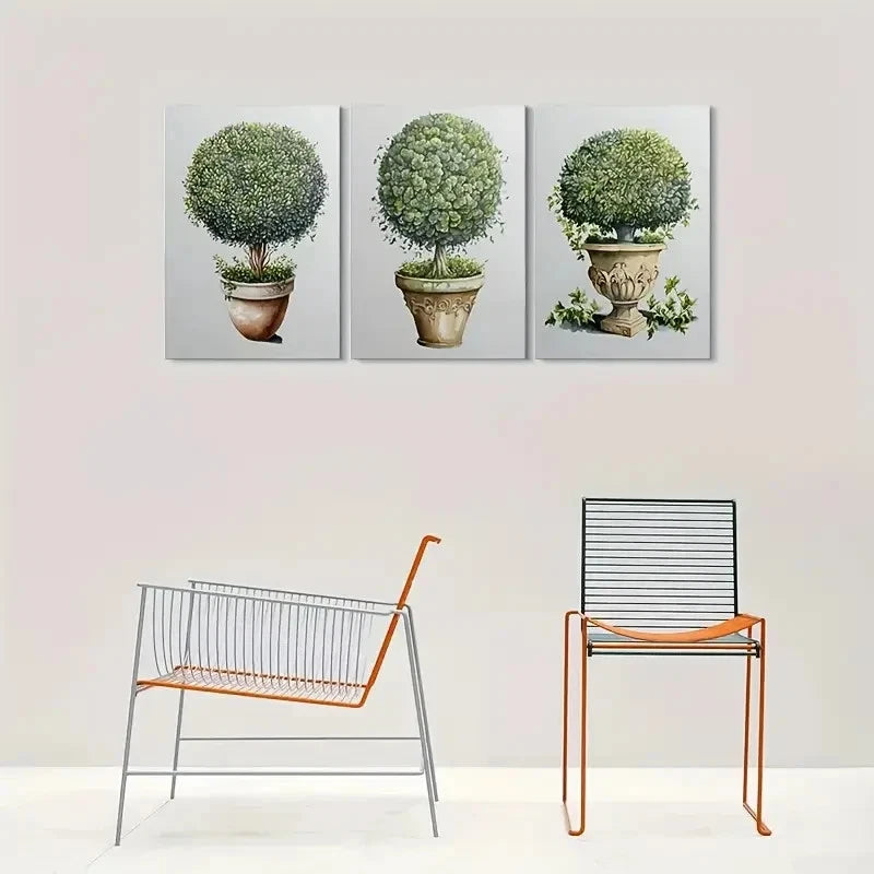 3pcs Green Topiary Tree Plant Vase Metal Print Ready to Hang Art
