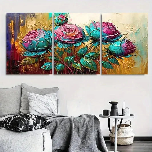 3pcs Vibrant Teal & Pink Roses Textured Wall Art Set Canvas Framed 40x60cm - High Quality Print 100% Australian Made Wall Canvas Ready to Hang