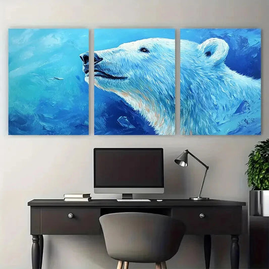 3pcs Polar Bear with Realistic Fur Texture Metal Print Ready to Hang Art