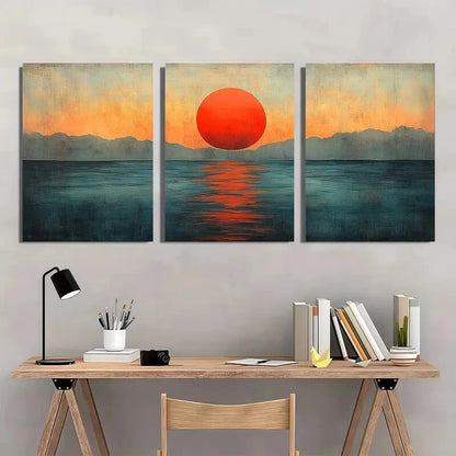 3pcs Abstract Sunset Art Mid-Century Metal Print Ready to Hang Art
