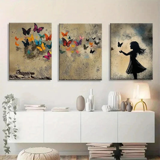 3pcs Vibrant Butterfly and Girl Silhouette Metal Print Ready to Hang Art