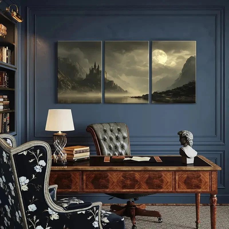 3pcs Mystical Castle Full Moon & Mountain Metal Print Ready to Hang Art