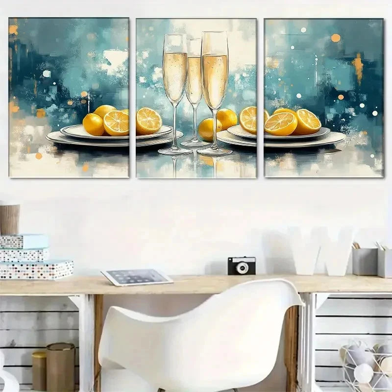 3pcs Abstract Lemon And Champagne Trio Metal Print Ready to Hang Art