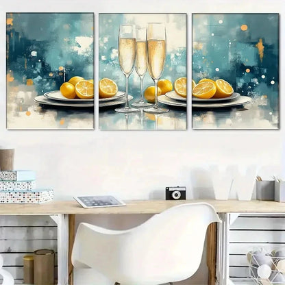 3pcs Abstract Lemon And Champagne Trio Metal Print Ready to Hang Art