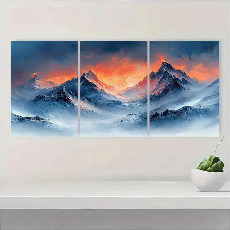 3pcs Blush and Black Mountain Landscape Metal Print Ready to Hang Art