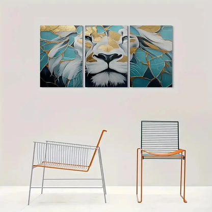 3pcs Modern Abstract Lion Golden & Teal Geometric Metal Print Ready to Hang Art