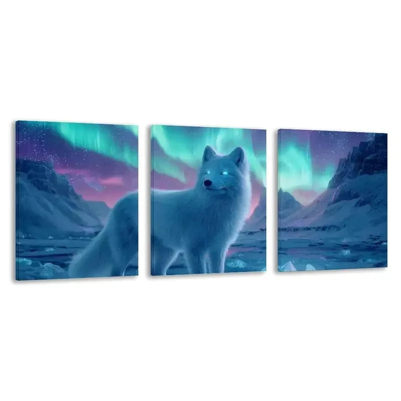 3pcs White Fox with Glowing Blue Eyes   Wall Art Set Canvas Framed 60x90cm - High Quality Print 100% Australian Made Wall Canvas Ready to Hang