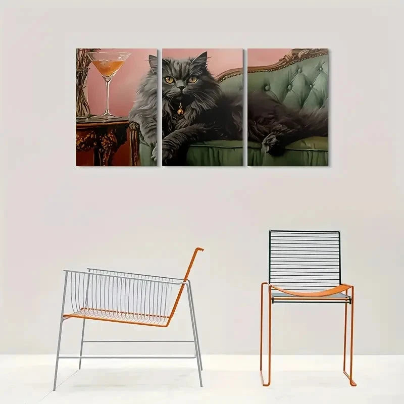 3pcs Vintage Cat Cocktail Glass and Green Sofa Metal Print Ready to Hang Art