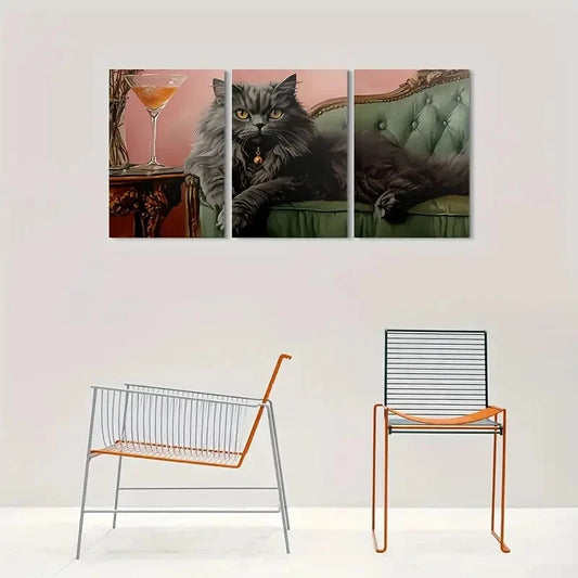 3pcs Vintage Cat Cocktail Glass and Green Sofa Metal Print Ready to Hang Art