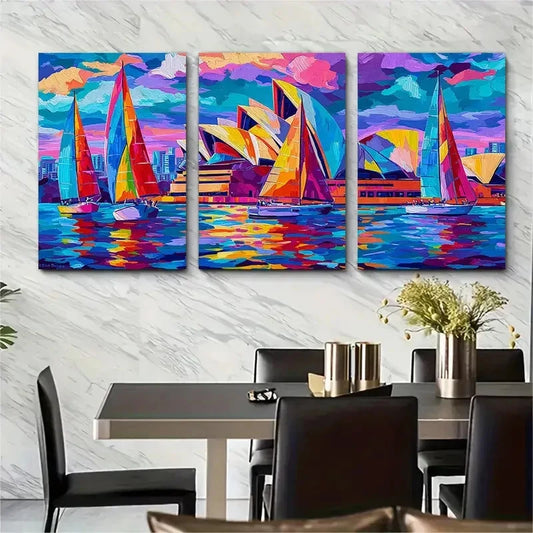 3pcs Sydney Harbour Fauvist Color Artwork Wall Art Set Canvas Framed 60x90cm - High Quality Print 100% Australian Made Wall Canvas Ready to Hang