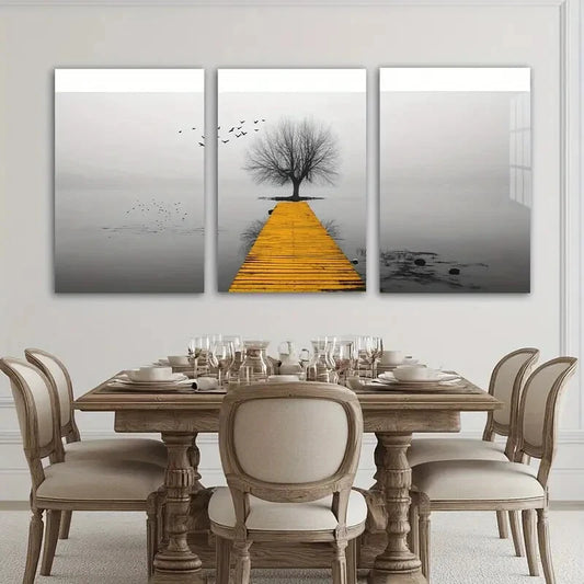 3pcs Seaside Birds and Trees Golden Themed Metal Print Ready to Hang Art