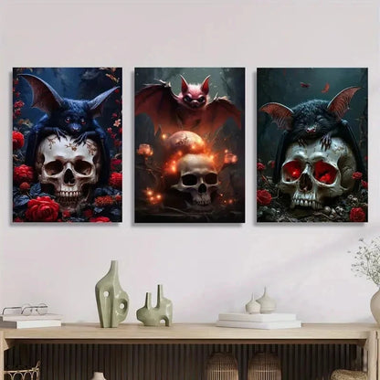 3pcs Gothic Skull and Bat with Rose and Skeleton Metal