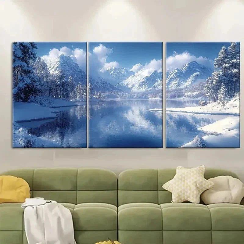 3pcs Snowy Lake Mountains CZ   Wall Art Set Canvas Framed 50x70cm - High Quality Print 100% Australian Made Wall Canvas Ready to Hang