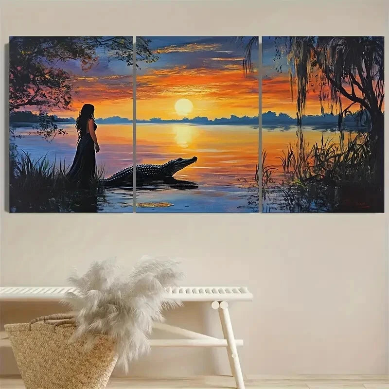 3pcs Sunrise Silhouette Woman and Alligator Nature Metal Print Ready to Hang Art